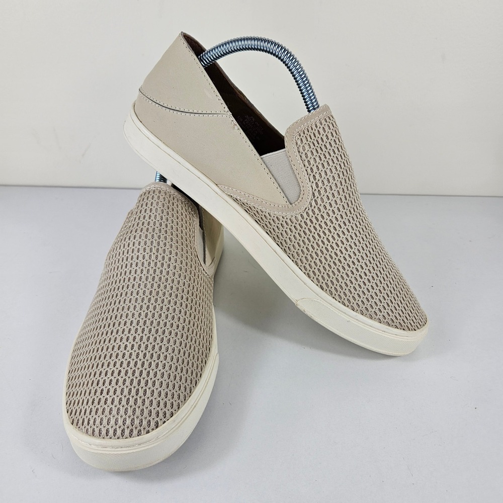 OluKai Pehuea Womens 10 Tapa Beige Mesh Slip On Sneakers Shoes Loafers